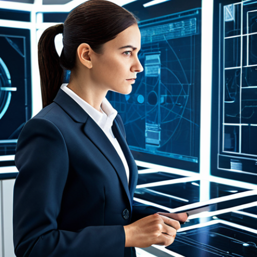 A focused, professional female architect in a modest, tailored business suit, standing in a sleek, futuristic command center. She is meticulously studying a detailed holographic blueprint of a high-security military base layout, which shows strategically placed defensive structures and resource depots. The image emphasizes strategic planning and efficient design. perfect anatomy, correct proportions, natural pose, well-formed hands, proper finger count, natural body proportions, professional photography, high quality, fully clothed, modest clothing, appropriate attire, professional dress, safe for work, appropriate content, family-friendly.